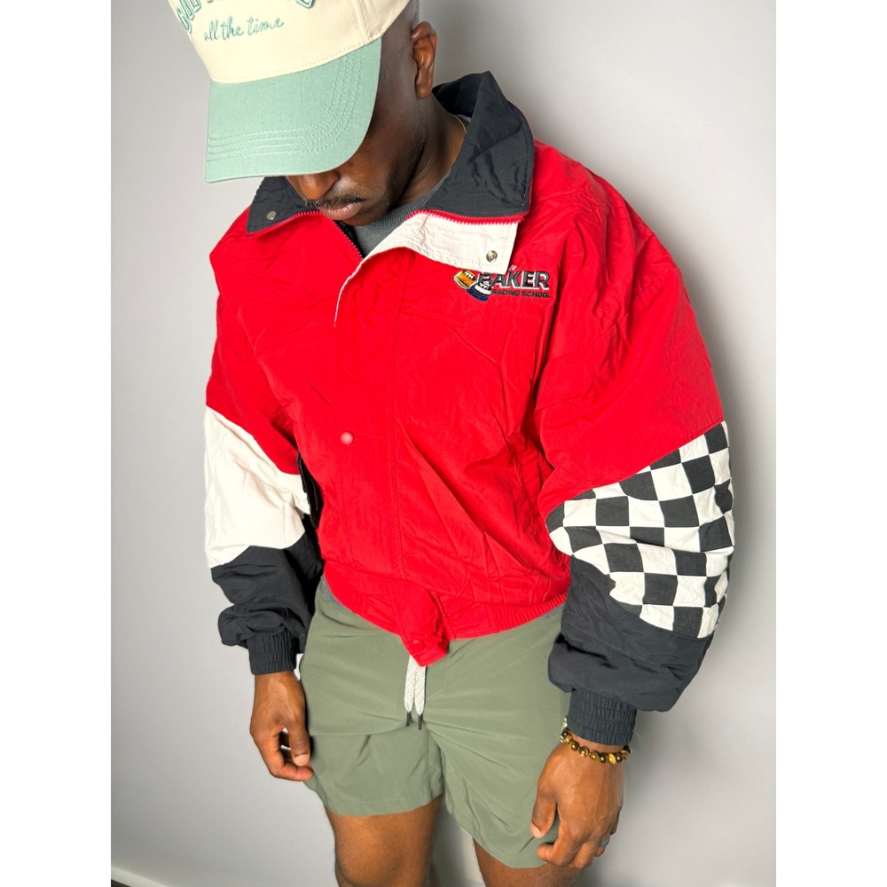 Vintage Skip Barber Racing School Jacket Red Checkered Flag Windbreaker MensL/XL